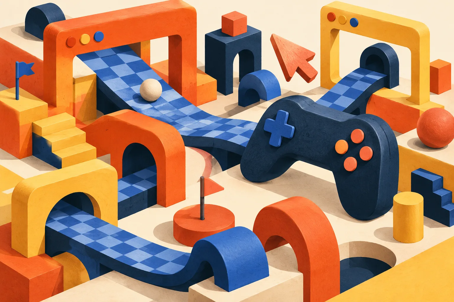 A playful miniature arcade with orange browser portals, blue ramps and a game controller