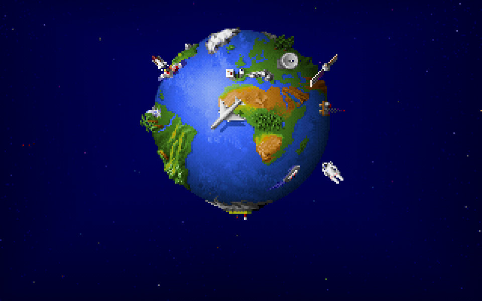 Original Sid Meier’s Civilization pixel artwork showing Earth and landmarks against a star-filled sky