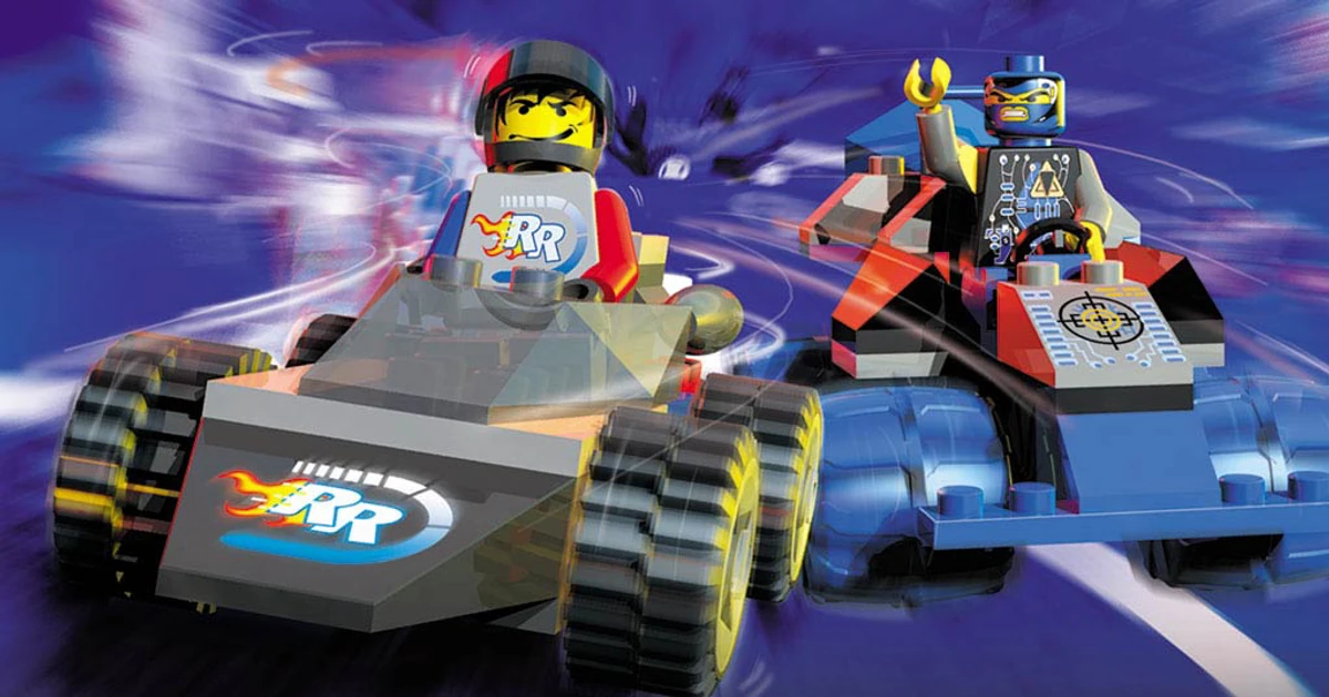 Ilustración original de LEGO Racers con Rocket Racer y un rival conduciendo por un vórtice azul