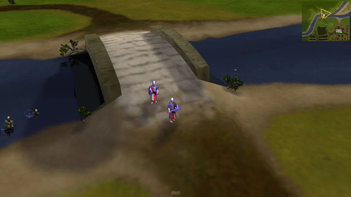 Myth: The Fallen Levels gameplay at Crow’s Bridge, with soldiers on a stone bridge and a tactical minimap
